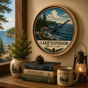 Puede incluir: Un reloj de pared redondo con marco de madera clara que muestra una ilustración del Lago Superior, manecillas negras y el texto "LAKE SUPERIOR GREAT LAKES". Debajo hay tres libros apilados, un pequeño pino en una maceta y una taza.