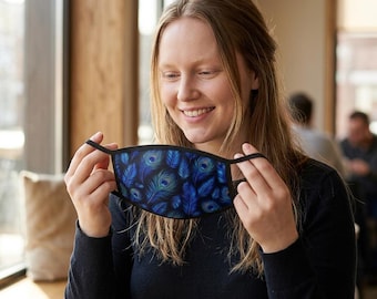 Blue Peacock Feather Face Mask | Reusable Cloth Mask