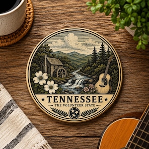 Tennessee Scenic Coaster Ceramic coaster | Volunteer State, guitar & mill stream design