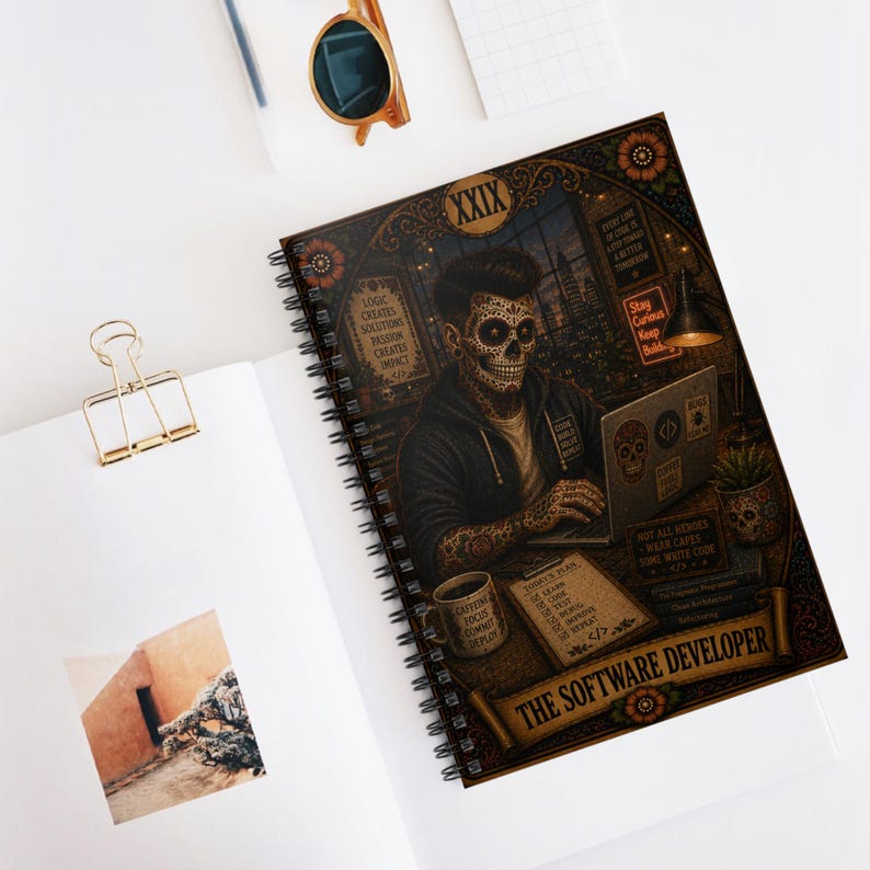 Skeleton Software Developer Notebook spiral ruled journal | Day of the Dead coder art image 5