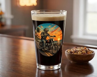 Skeleton Biker Zombie Sunset Pint Glass | 16oz Motorcycle Beach Road