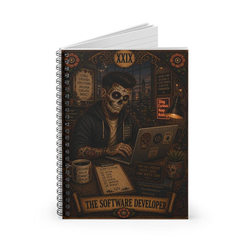 Skeleton Software Developer Notebook spiral ruled journal | Day of the Dead coder art image 2