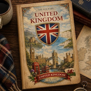 Pode incluir: Um livro retangular intitulado The Country United Kingdom Est. 1707, com um escudo central da Union Jack, ilustrações do Big Ben, da Tower Bridge, uma cabine telefónica vermelha, um autocarro de dois andares e falésias brancas num cenário.