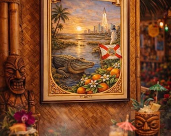 Plakat matowy „Stan Floryda” | Sztuka podróżnicza z Florydy w stylu vintage, aligator, pomarańcze, latarnia morska