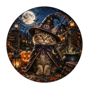 May include: A brown tabby cat wearing a dark purple witch hat and matching cape with gold star and moon patterns. The cat sits on a stone path near a glowing jack-o'-lantern, a lit lantern, a steaming cauldron, and books labeled Potions and Spells.