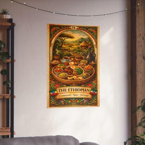 May include: A poster featuring an Ethiopian food scene with various dishes in a woven basket. The poster has a warm color palette with the text "THE ETHIOPIAN" and the words "Community, Spice, Heritage". The background shows a landscape with a hut.