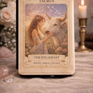 May include: An oracle card featuring a woman with long, flowing hair gently touching a bull. The card is labeled "TAURUS" at the top and "THE STEADFAST" below, with the words "Reliable, Patient, Devoted". A lit candle and flowers are in the background.