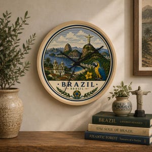 May include: A round wall clock featuring a detailed illustration of the Brazilian landscape, including the Christ the Redeemer statue, Sugarloaf Mountain, and a blue and yellow macaw. The text BRAZIL BRASIL is printed at the bottom.