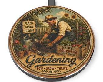 Gardening Sow Grow Thrive Wireless Charger | Vintage Farmer Illustration