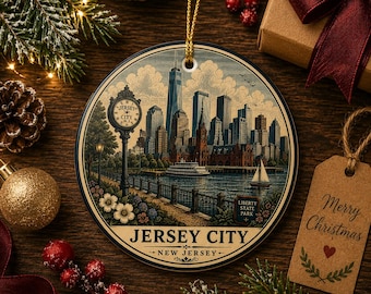 Ornamento de cerâmica com o horizonte de Jersey City | Design vintage do Liberty State Park