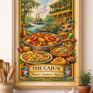 May include: A framed print depicting a Cajun-themed scene. The artwork showcases a vibrant array of dishes, including crawfish, shrimp, and corn. A riverboat, alligator, and a building with a balcony are in the background. The text "THE CAJUN" is displayed prominently.