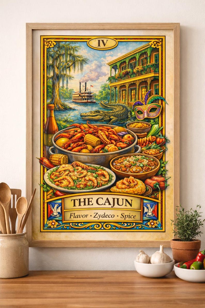May include: A framed print depicting a Cajun-themed scene. The artwork showcases a vibrant array of dishes, including crawfish, shrimp, and corn. A riverboat, alligator, and a building with a balcony are in the background. The text "THE CAJUN" is displayed prominently.