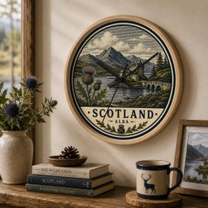 Peut inclure: Une horloge murale ronde avec un cadre en bois clair présentant une illustration détaillée d'un paysage écossais avec des montagnes, un château, un pont en pierre et des chardons violets. Le texte SCOTLAND ALBA est imprimé sur le cadran.