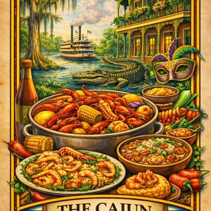 May include: A vibrant illustration of Cajun cuisine. A large pot of crawfish, corn, and potatoes sits alongside plates of shrimp and jambalaya. A river scene with a steamboat and alligator is in the background. The text reads "The Cajun Flavor &bull; Zydeco &bull; Spice."