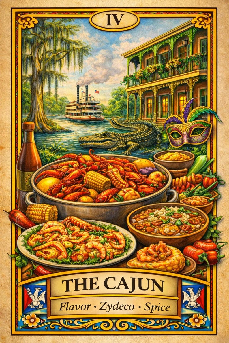 May include: A vibrant illustration of Cajun cuisine. A large pot of crawfish, corn, and potatoes sits alongside plates of shrimp and jambalaya. A river scene with a steamboat and alligator is in the background. The text reads "The Cajun Flavor &bull; Zydeco &bull; Spice."