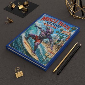 Alien Surfer Muscle Beach Venice Hardcover Journal | Retro Beach Poster