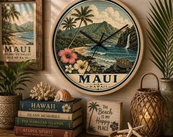May include: A 10-inch round wall clock featuring a tropical Maui landscape with palm trees, a waterfall, and a sea turtle. The clock face displays the text MAUI HAWAII. It is displayed alongside books, a small sign, and a lantern.