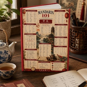 May include: A hardcover book titled Mandarin 101 with a red spine and a cream-colored cover featuring a landscape illustration, Chinese characters, and instructional text for English speakers, displayed alongside a notebook and a pen.