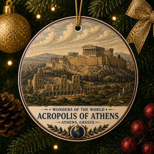 May include: A round ceramic ornament featuring a detailed illustration of the Acropolis of Athens, Greece. The text reads WONDERS OF THE WORLD, ACROPOLIS OF ATHENS, ATHENS, GREECE, with a small globe icon and laurel leaf accents at the bottom.