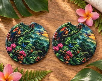 Tropical Rainforest Car Coasters Set of 2, Ceramic Cup Holder Coasters, Parrot and Frog Car Accessories, Jungle Gift