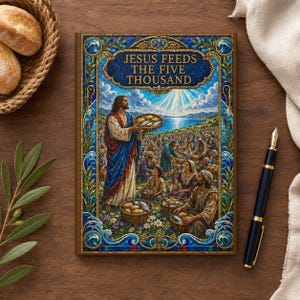 May include: A rectangular book cover featuring a stained-glass style illustration of Jesus feeding the five thousand. The text reads Jesus Feeds The Five Thousand. The artwork depicts a crowd, baskets of bread, and a blue sky with rays of light.