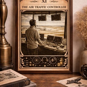 May include: A framed print featuring an air traffic controller in a control tower, with the text "THE AIR TRAFFIC CONTROLLER" and the Roman numeral "XI". The image has a vintage aesthetic, with a sepia tone and decorative borders. The print is displayed on a wooden surface.
