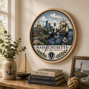 May include: A round wall clock with a light wood frame featuring a detailed illustration of the Massachusetts state skyline, a tall ship, a lighthouse, and a chickadee. The text reads MASSACHUSETTS THE BAY STATE above the state seal.