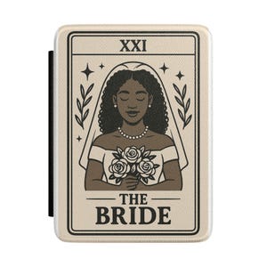 May include: A tarot card design featuring a bride with a veil, holding a bouquet of roses. The card has a beige background with the text "XXI" at the top and "THE BRIDE" at the bottom. The card is rectangular with a black border.