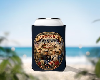 America 250 Patriotic Can Cooler Sleeve | Military Service Emblems, 1776-2026