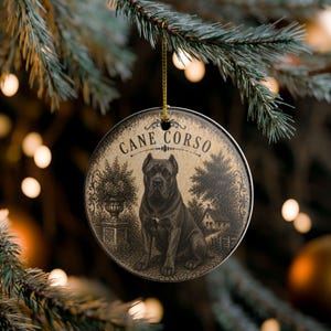 Könnte beinhalten: Runder Keramik-Weihnachtsschmuck mit einer Illustration eines Cane Corso-Hundes. Der Schmuck hat eine goldene Schnur zum Aufhängen. Der Hund ist im Vintage-Stil mit Landschaftshintergrund und dem Schriftzug "Cane Corso" oben dargestellt.