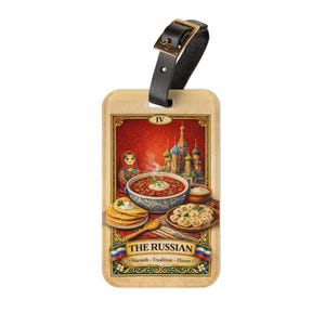 Étiquette à bagage Illustration Cuisine russe | Médaille bortsch matriochka en bois