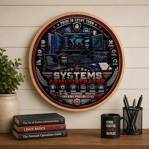 May include: A round wall clock with a light wood frame featuring a detailed graphic of a computer server room, monitors, and the text "SYSTEMS ADMINISTRATOR" and "PRIDE IN EVERY TURN" with various technical icons and labels in red, blue, and black.