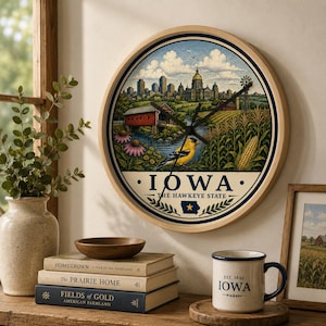 May include: A round wall clock with a light wood frame featuring an illustration of the Iowa landscape, including a city skyline, a red covered bridge, a goldfinch, and corn stalks. The text reads IOWA THE HAWKEYE STATE with a state map icon.