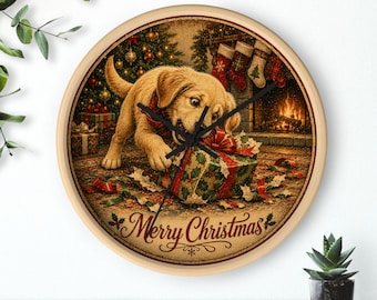 Orologio da parete "Buon Natale" con cucciolo che strappa il regalo / Decorazione natalizia per cani