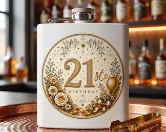 21st Birthday Floral Emblem Flask | Stainless Steel 6oz
