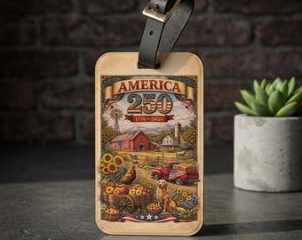 Etiqueta para equipaje con escena rural de Estados Unidos 250 / Ilustración patriótica vintage de granja