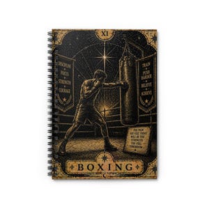 May include: Spiral-bound notebook with a boxing-themed design. The cover features a boxer punching a heavy bag, with text including "Discipline, Focus, Strength, Courage" and "Train, Push Harder, Believe, Achieve." The word "Boxing" is also displayed.
