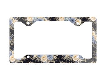 Marco de matrícula metálico con diseño floral de rosas azules y crema / Accesorio floral para coche