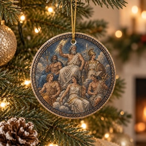 May include: A round ceramic ornament featuring a detailed classical illustration of Greek deities, including Zeus holding a lightning bolt, Poseidon with a trident, and Athena with a shield, all framed by a decorative geometric border and gold string.