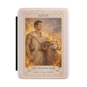 May include: A rectangular card featuring the Aries zodiac sign. The image depicts a man in a white toga with a ram, set against a fiery background. Text includes "ARIES" and "THE TRAILBLAZER" with the words "Fearless, Driven, Decisive".
