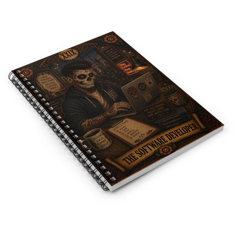 Skeleton Software Developer Notebook spiral ruled journal | Day of the Dead coder art image 3