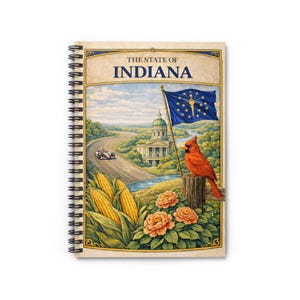 Może przedstawiać: Spiralny notatnik z ilustracją w stylu vintage stanu Indiana. Okładka przedstawia nazwę stanu, kardynała, flagę stanu, samochód wyścigowy, kukurydzę i budynek Kapitolu. Projekt ma klasyczną, artystyczną estetykę.