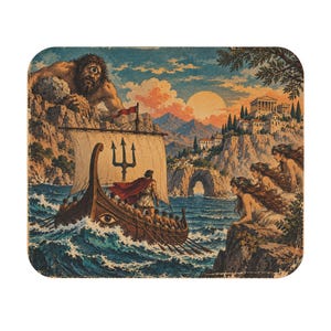 May include: A rectangular coaster featuring a detailed illustration of a wooden ship with a trident sail, a cyclops on a cliff, and sirens on a rocky shore. The scene includes a red-cloaked figure on the boat, blue ocean waves, and a sunset.