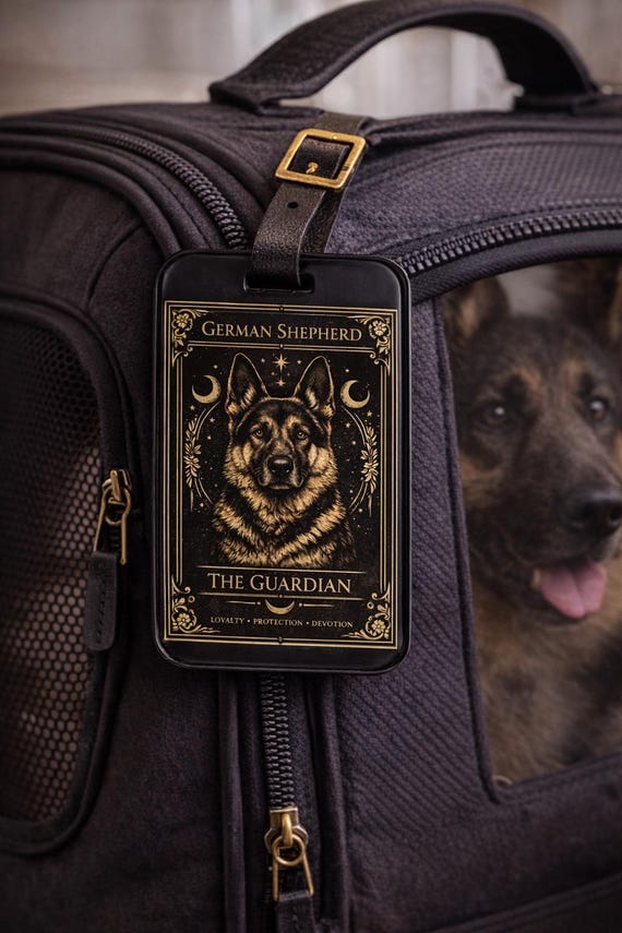 German Shepherd Guardian Luggage Tag | Dog Portrait, Vintage Tarot
