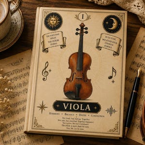 May include: A hardcover book with a cream-colored cover featuring a central illustration of a brown viola, a sun and moon icon, and the text "VIOLA" along with "THE VOICE THAT HOLDS THE FOUR STORIES" and "IN ITS TONE, WE FIND OUR STRENGTH & GRACE."