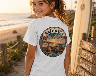 Maglietta per bambini con camion vintage per il 250° anniversario dell'America / Immagine sul retro della maglietta