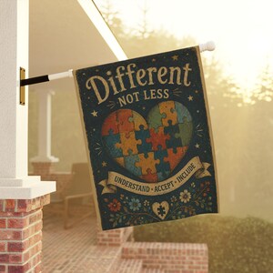May include: A rectangular flag with the words "Different NOT LESS" in a vintage style. The flag features a heart made of puzzle pieces in various colors, with the words "UNDERSTAND - ACCEPT - INCLUDE" on a banner below.
