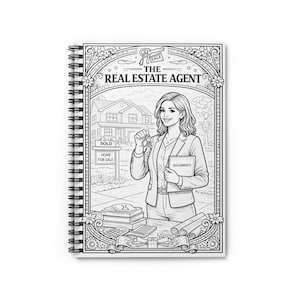 May include: Spiral-bound notebook with a black and white illustration of a real estate agent. The image includes the text "THE REAL ESTATE AGENT", a house, and the words "SOLD" and "HOME FOR SALE". The agent is holding keys and a document.