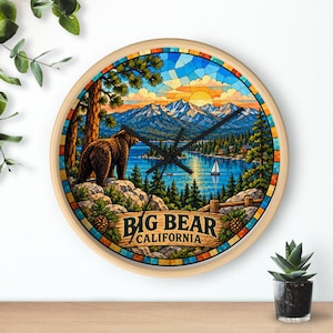 Big Bear Kalifornien Scenic Mosaic Väggklocka | Lake Mountain Bear