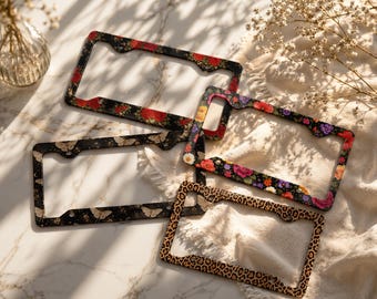 Floral Gothic License Plate Frames | Moth, Rose, Leopard Car Accessories